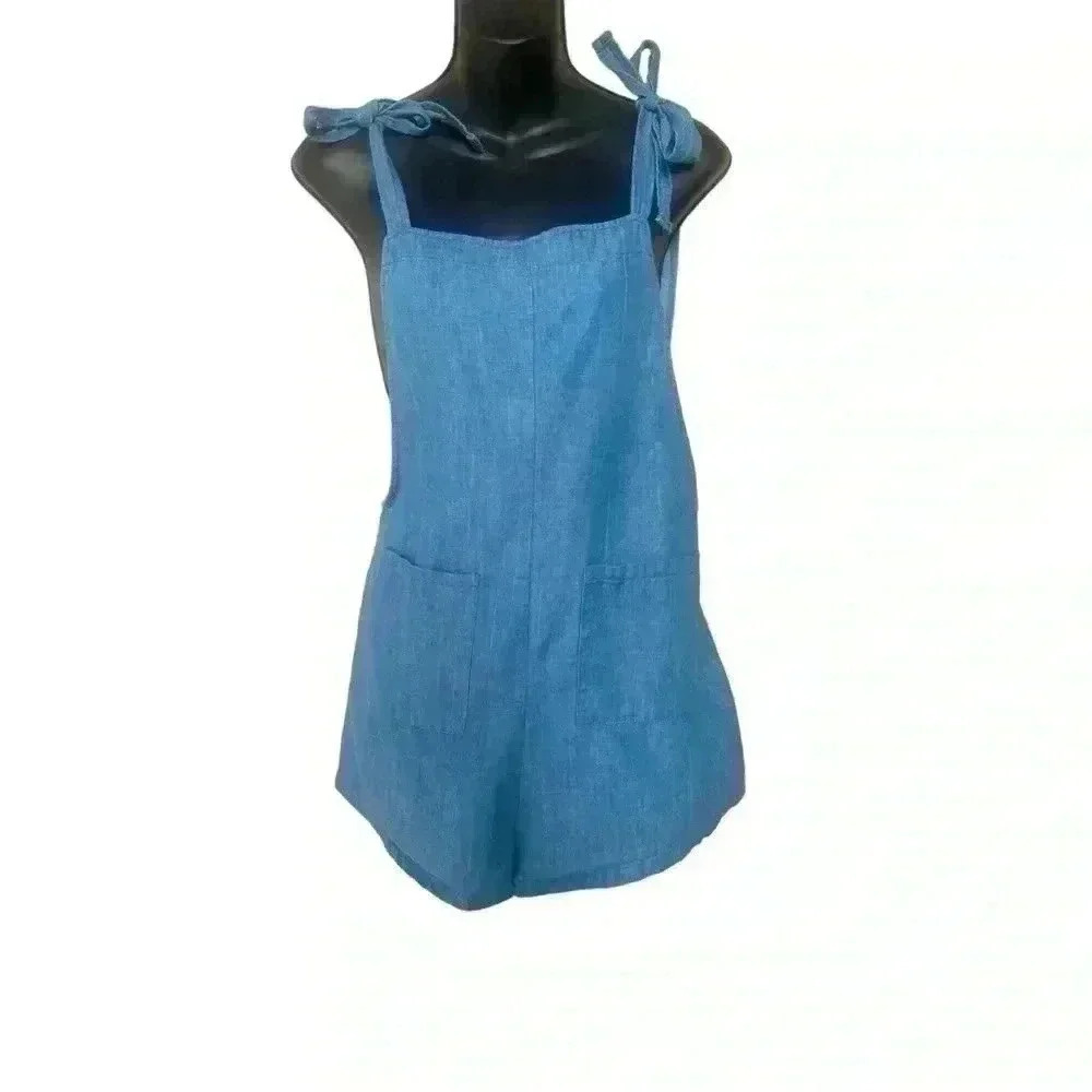 COZY Casual women’s denim romper front patch pockets tie up adjustable straps